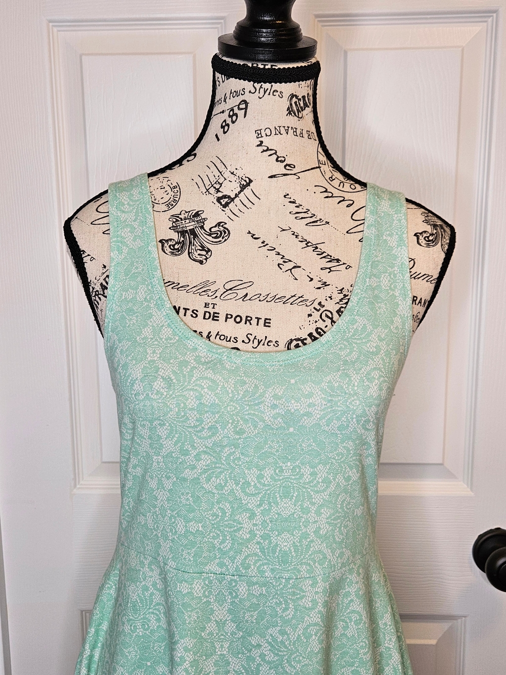 NWOT Bluenotes Mint Green Floral Lace Print Fit Flare Skater Mini Dress L - Picture 4 of 9